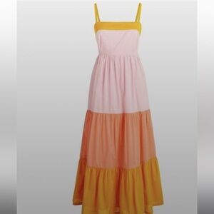 J Crew Factory Pink, Coral & Mustard Color Block, Tiered Sundress Size 8
